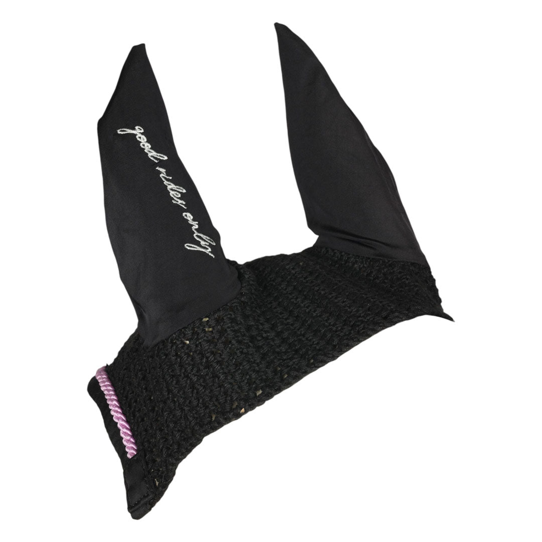 Black horse ear bonnet with floral patterned flap