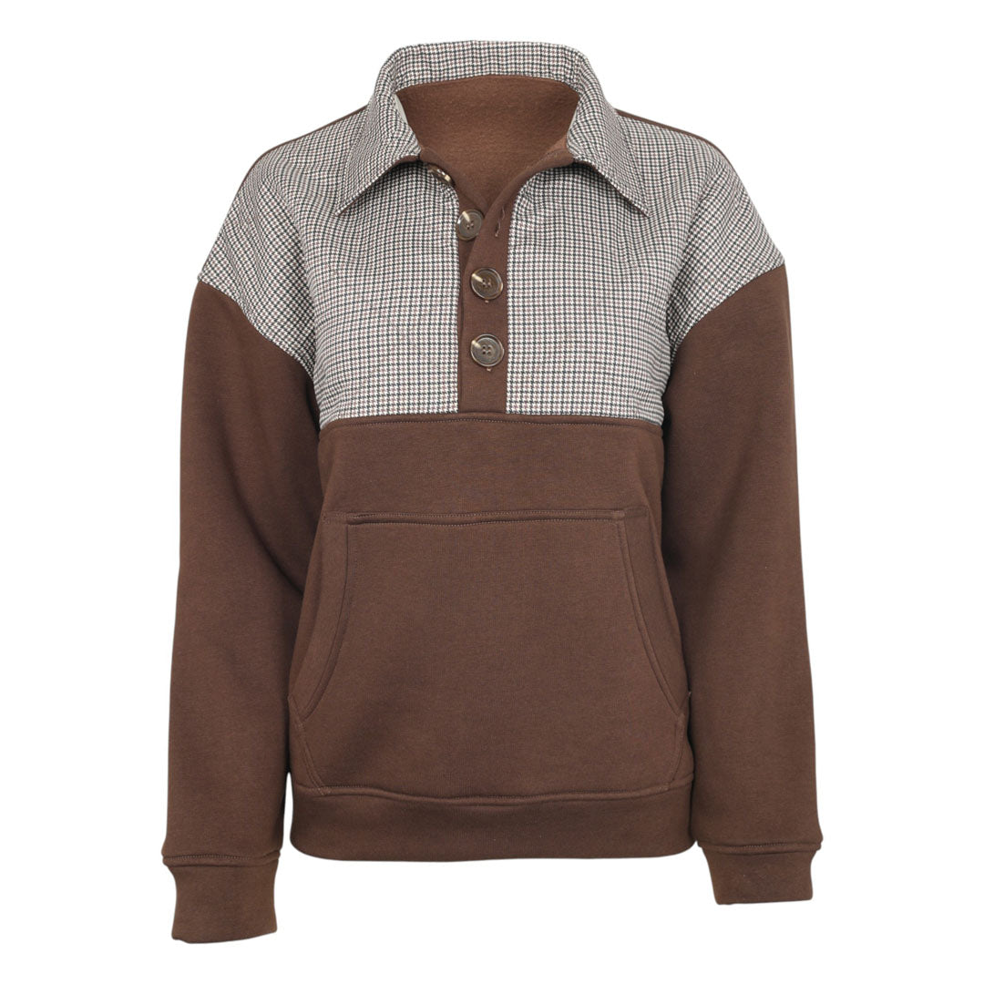 Brown and plaid pullover with button details on a white background