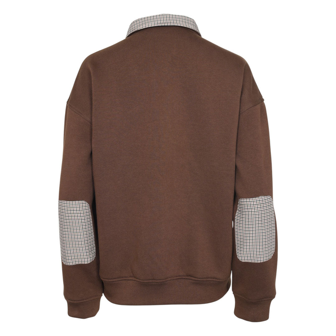 Brown sweatshirt with plaid elbow patches on a white background