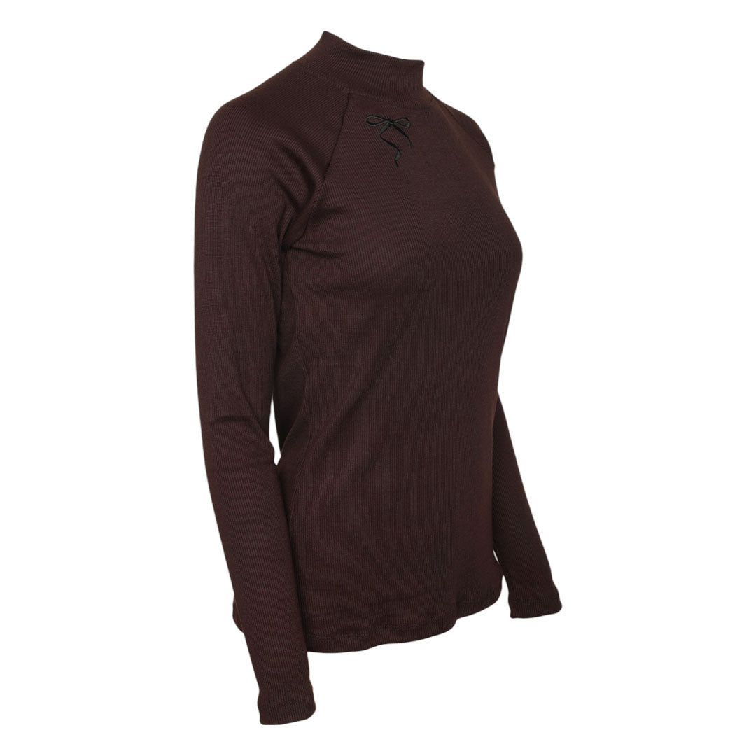 Brown long-sleeve shirt with a small logo on a white background