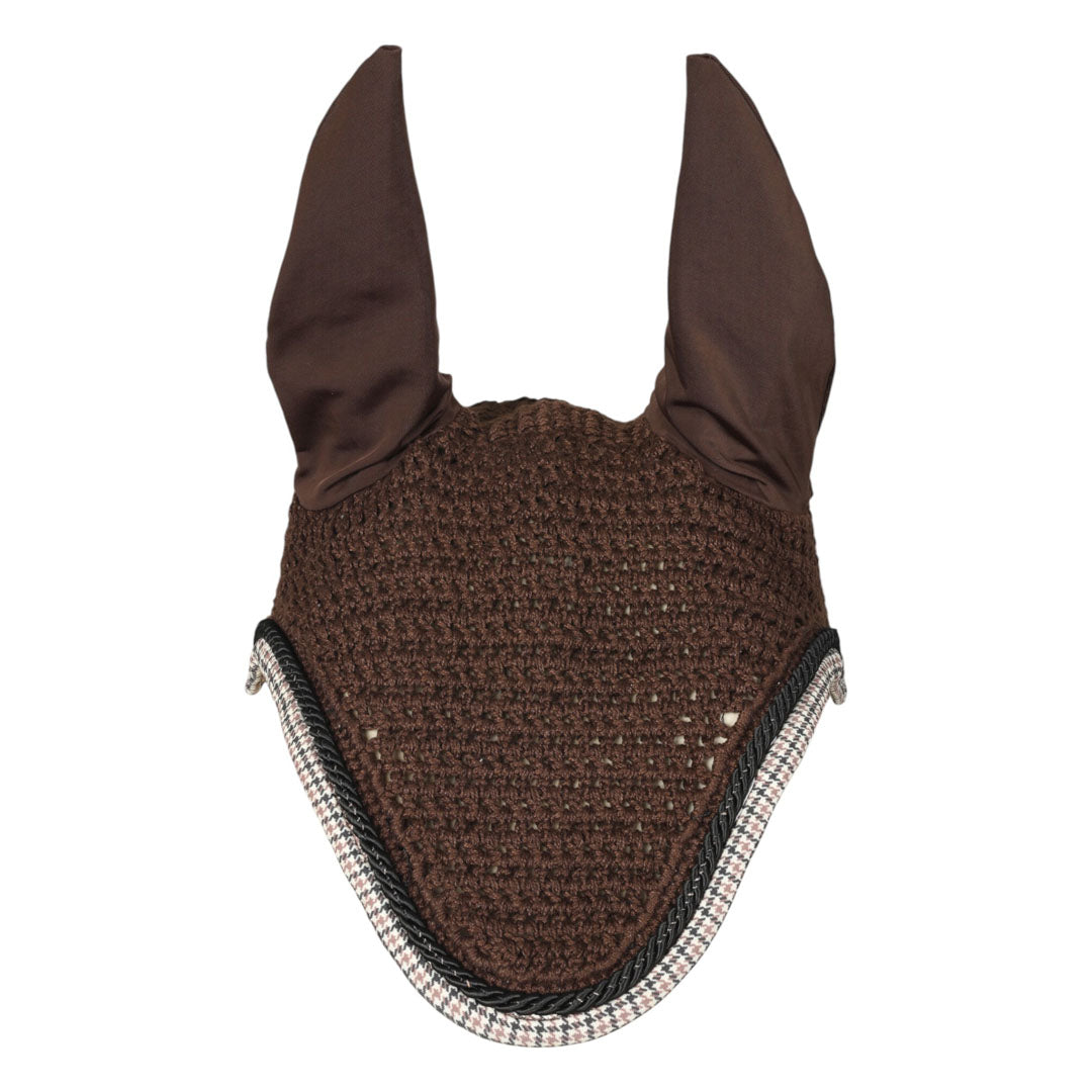 Brown horse ear bonnet with decorative trim 