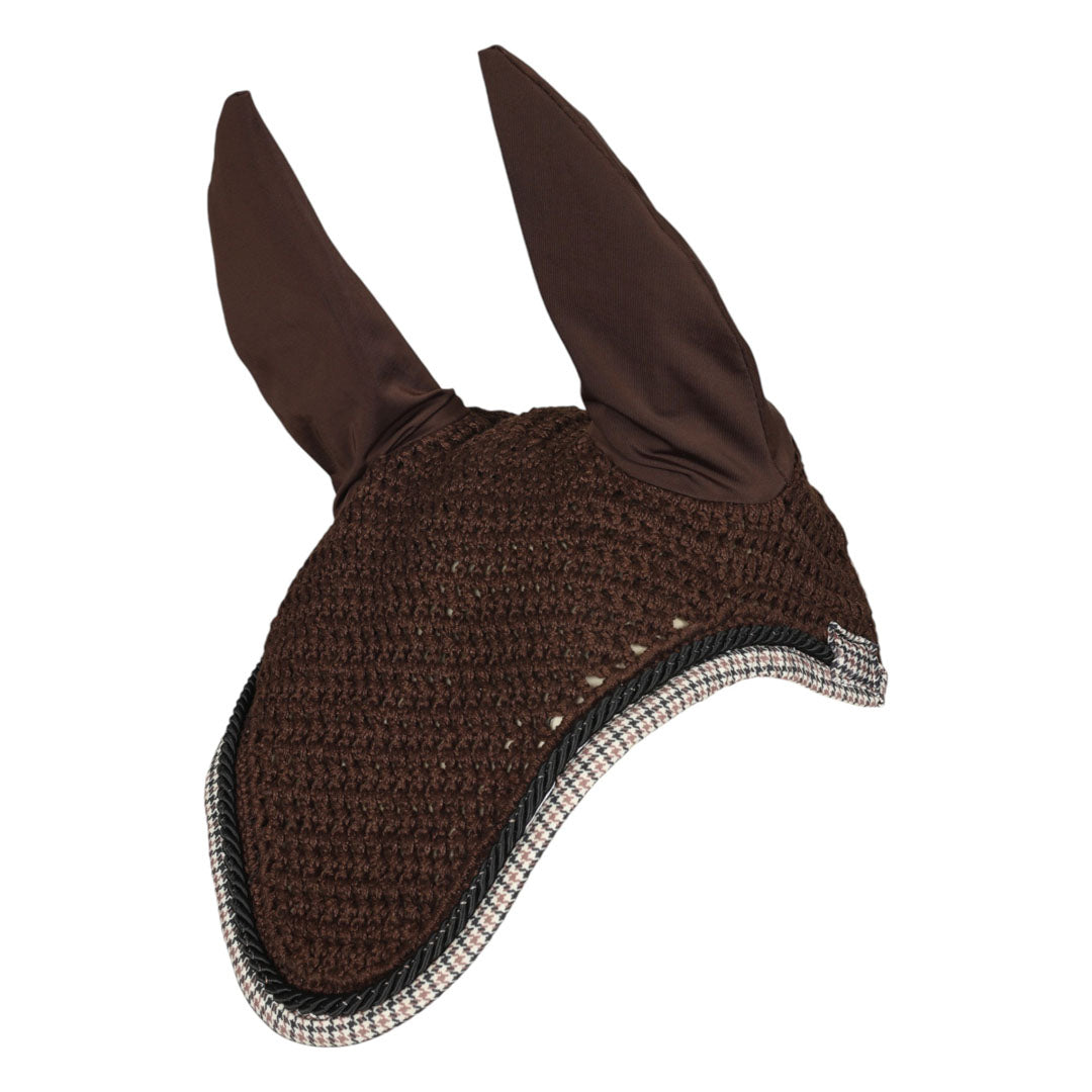 Brown horse ear bonnet with checkered trim 