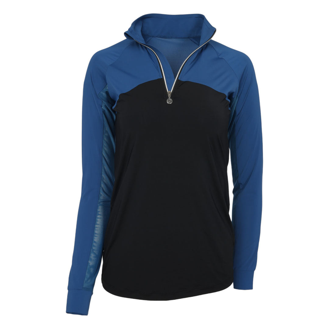 blue and black long sleeve riding pullover 