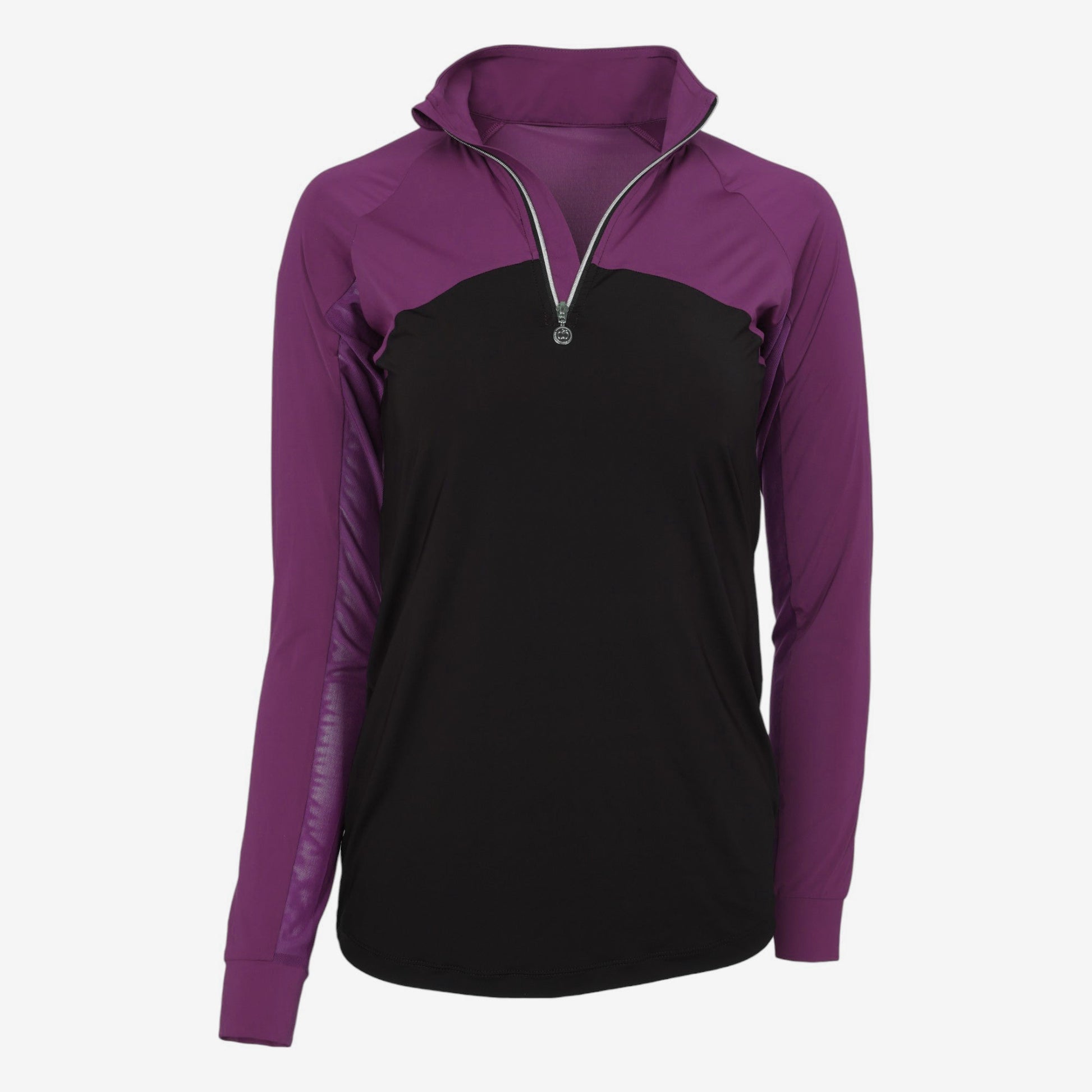 Purple and black long-sleeve top with a zipper 