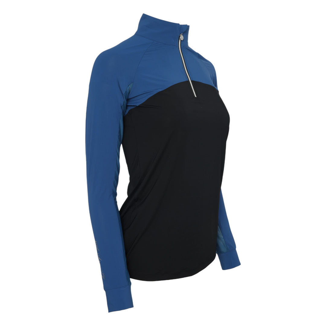 blue and black long sleeve riding pullover 