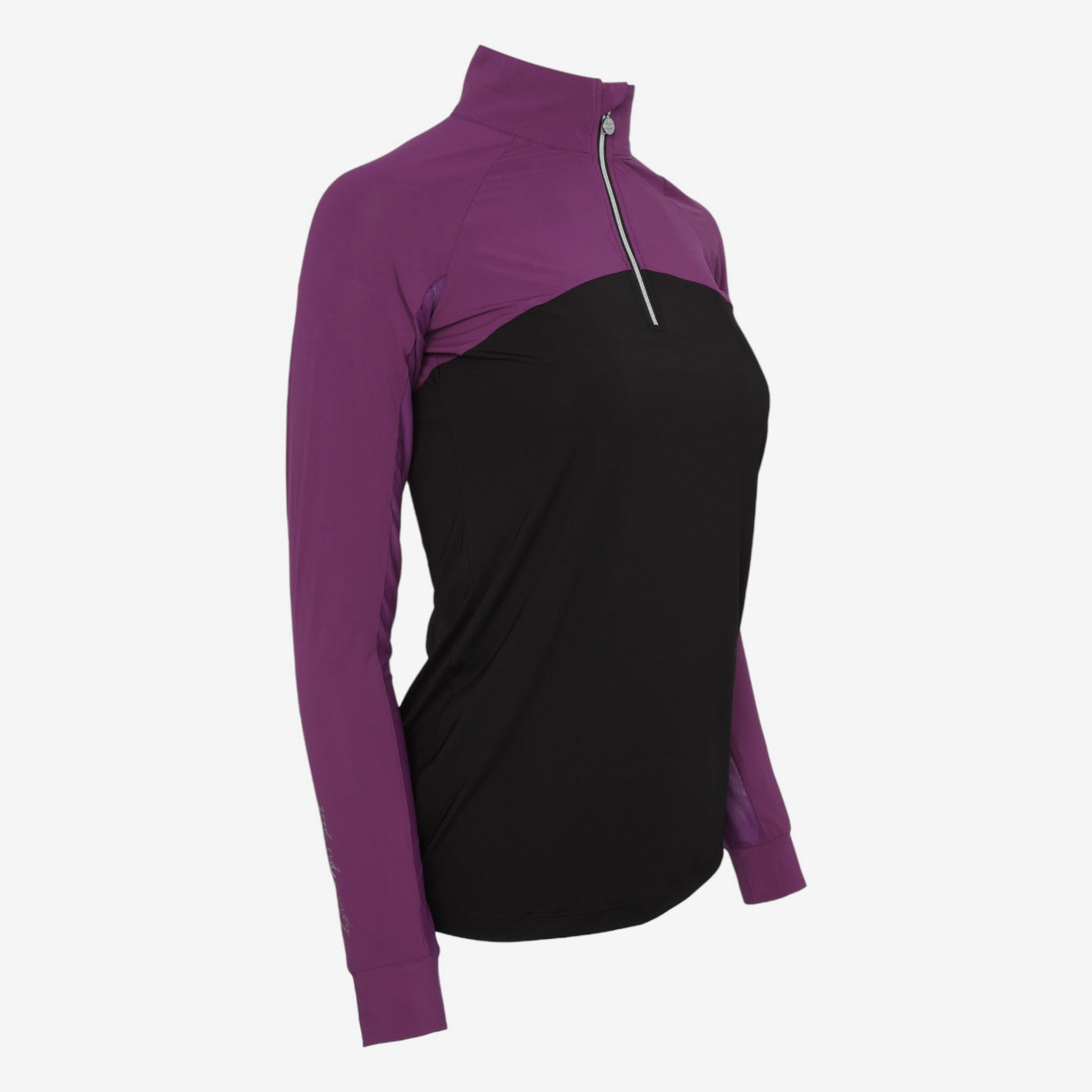 Purple and black long-sleeve top with a zipper 