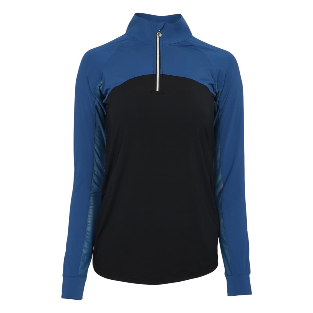 blue and black long sleeve riding pullover 
