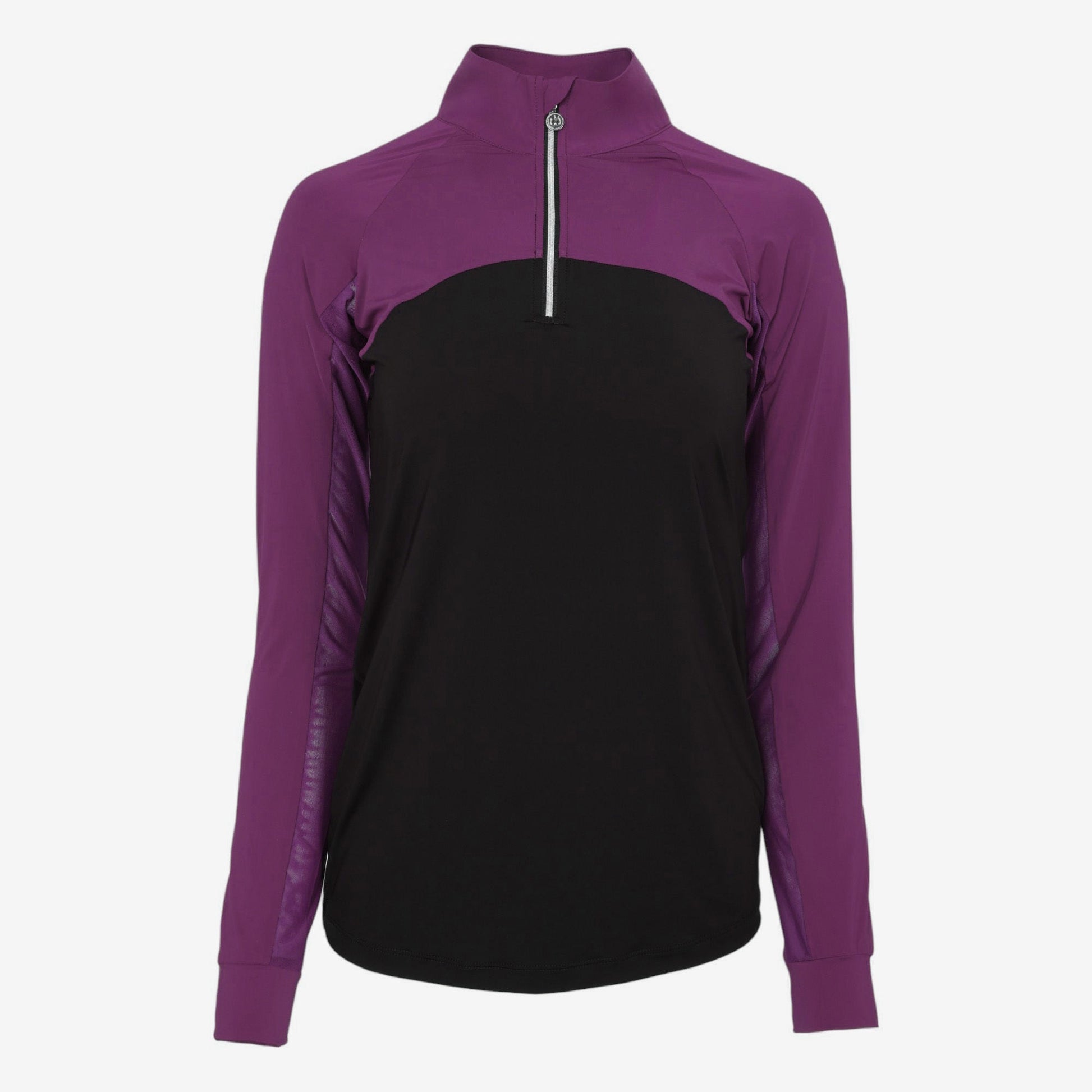 Purple and black long-sleeve top with a zipper