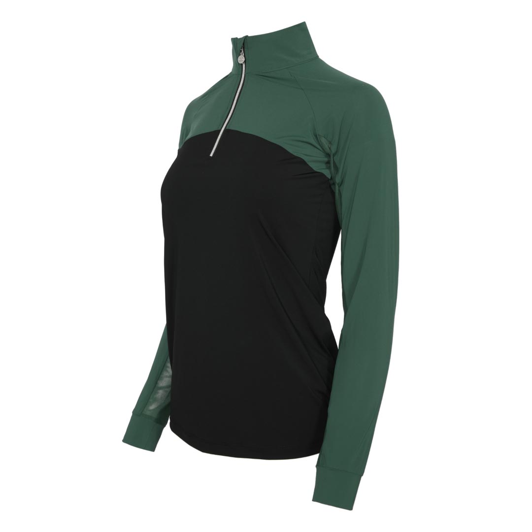 Green and black long-sleeve top with a zipper 