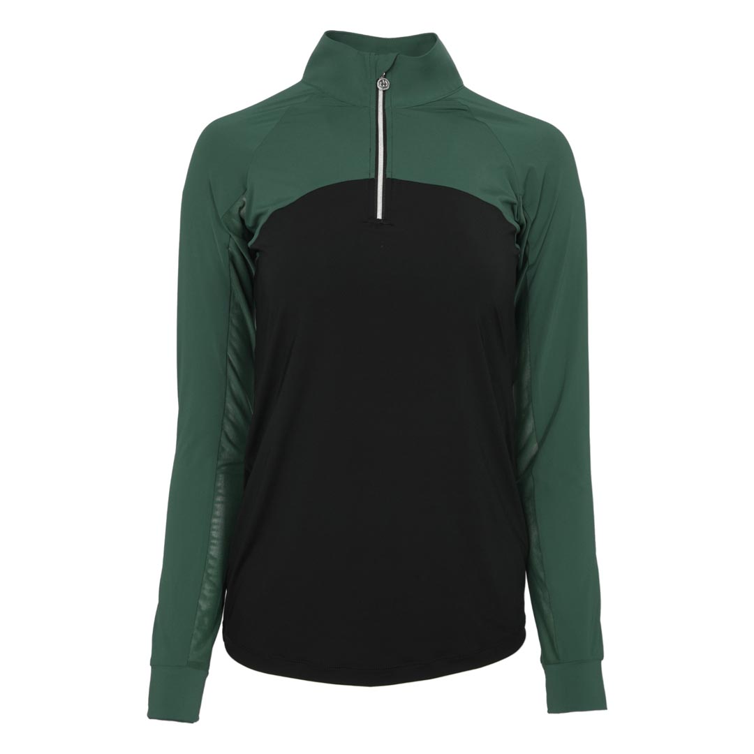 Green and black long-sleeve shirt with a quarter zip 