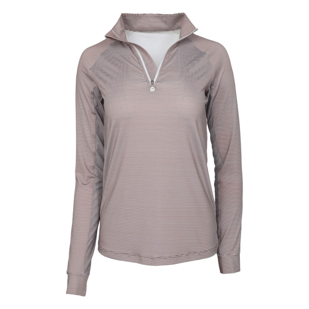 Brown long-sleeve shirt with a quarter zip on a white background
