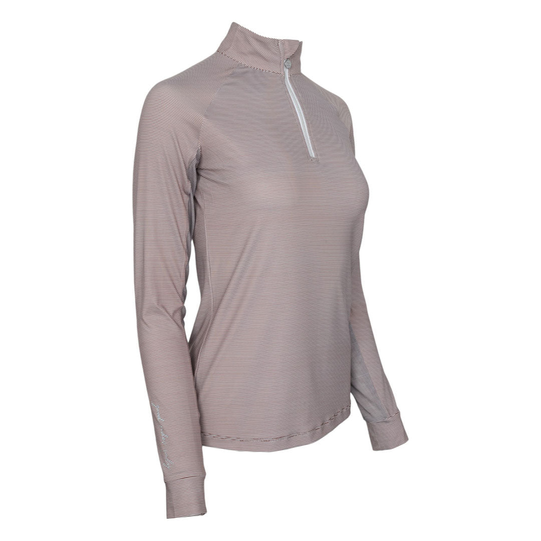 Long-sleeve athletic shirt with a quarter zip on a white background