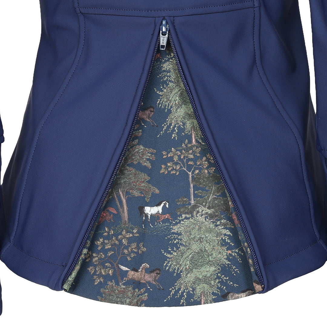 Navy blue jacket with a patterned lining featuring animals and trees.