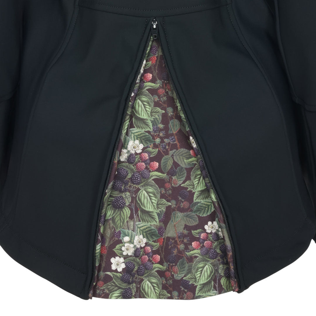 Close-up of a black jacket with a floral patterned lining.