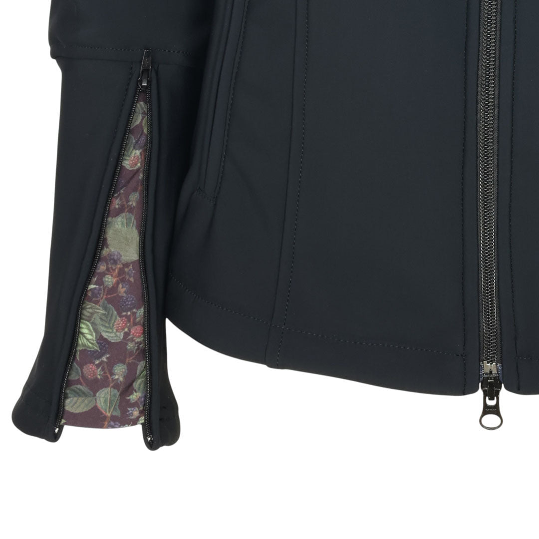 Close-up of a black jacket with a floral lining 