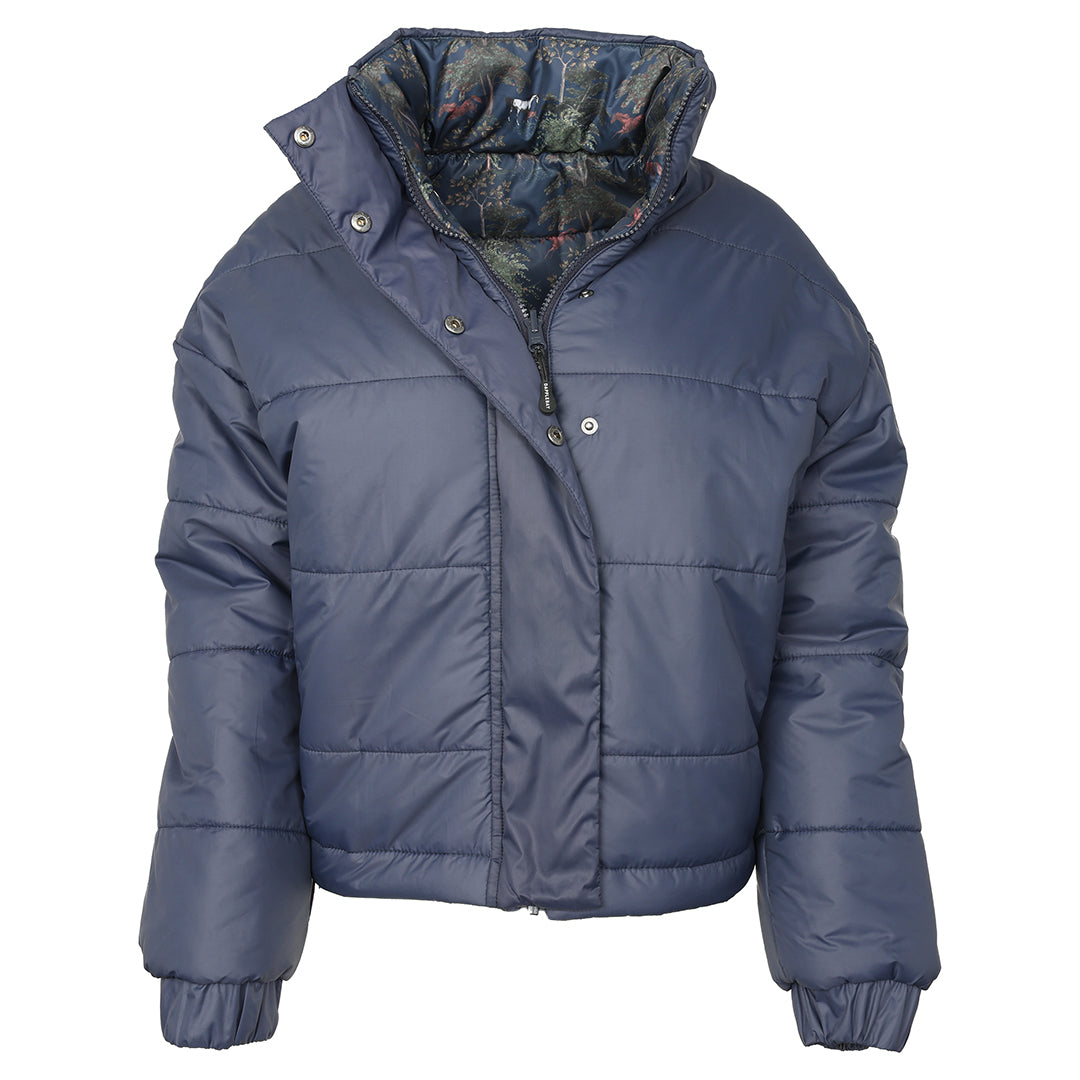 Blue puffer jacket with a floral lining on a white background