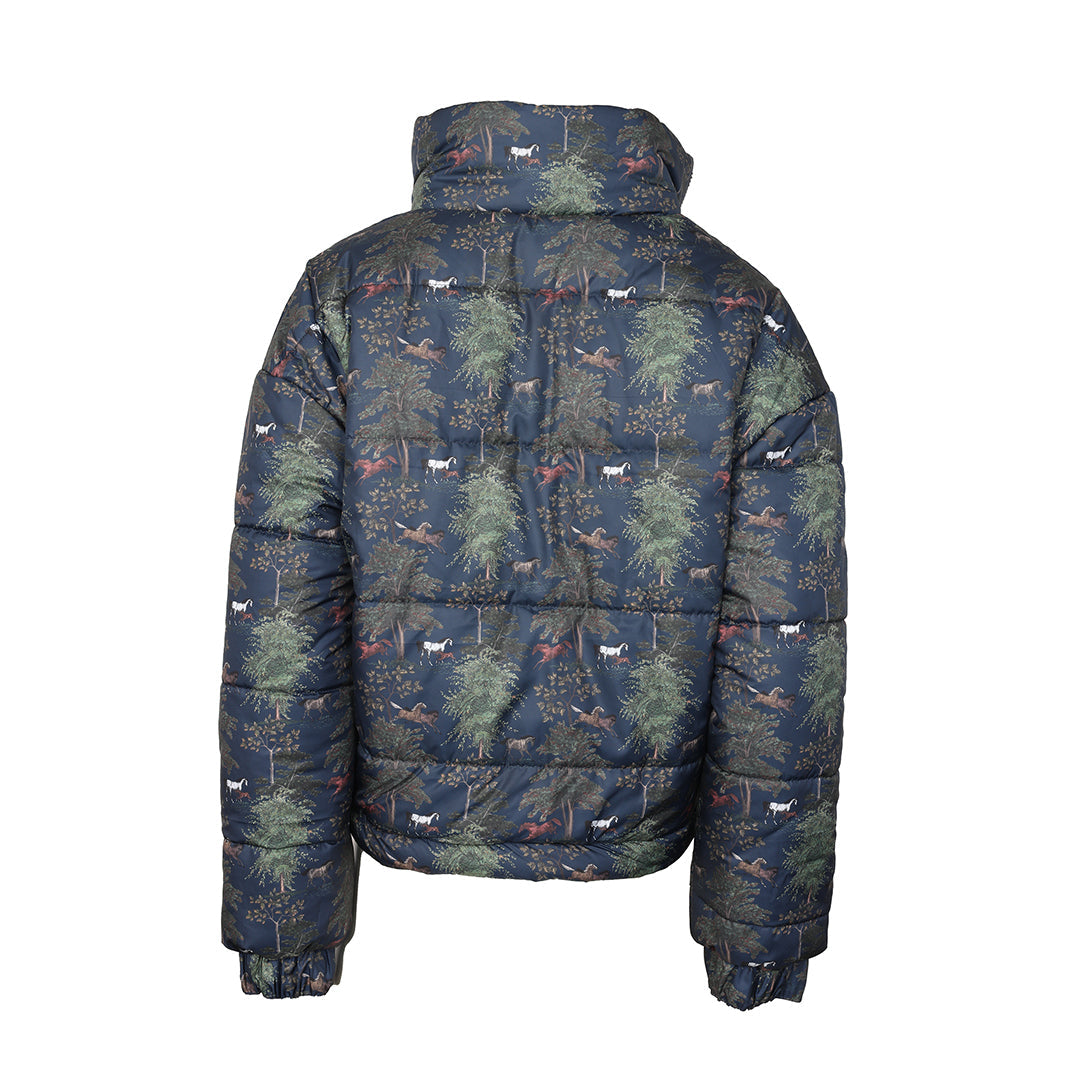 Puffer jacket with nature-themed pattern on a white background