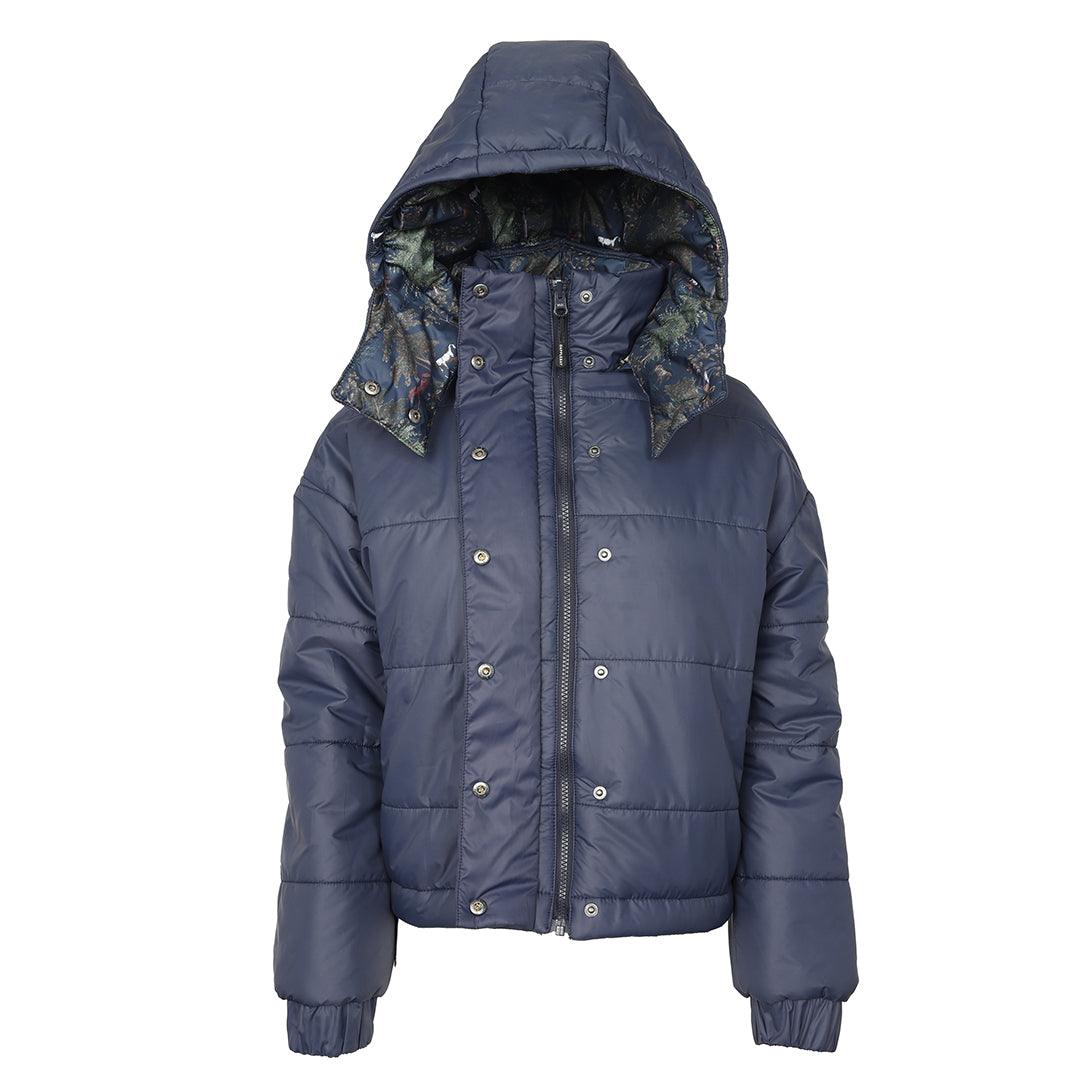 Blue winter jacket with floral lining on hood against a white background