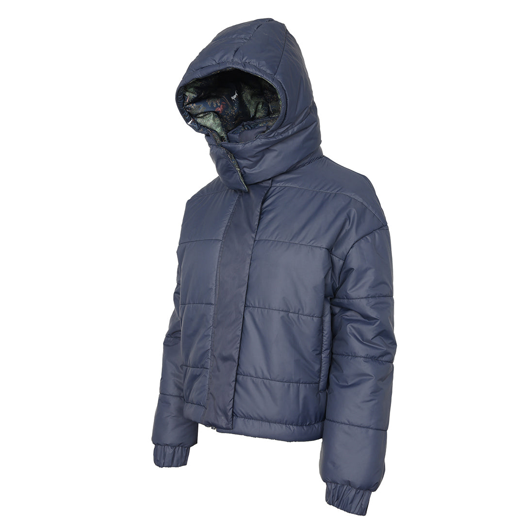 Blue puffer jacket with hood on a white background