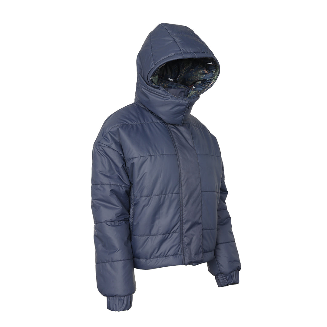Blue puffer jacket with a hood on a white background