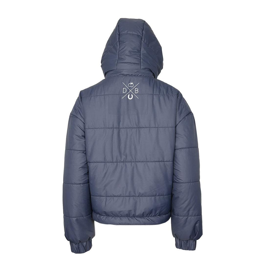 Blue puffer jacket with a brand logo on the back against a white background