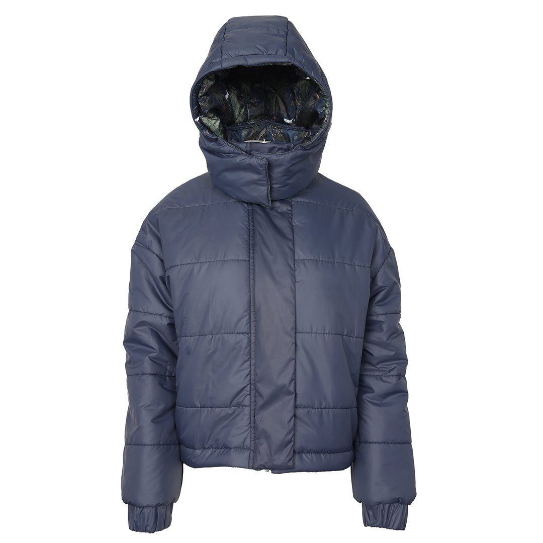 Blue puffer jacket with hood on a white background