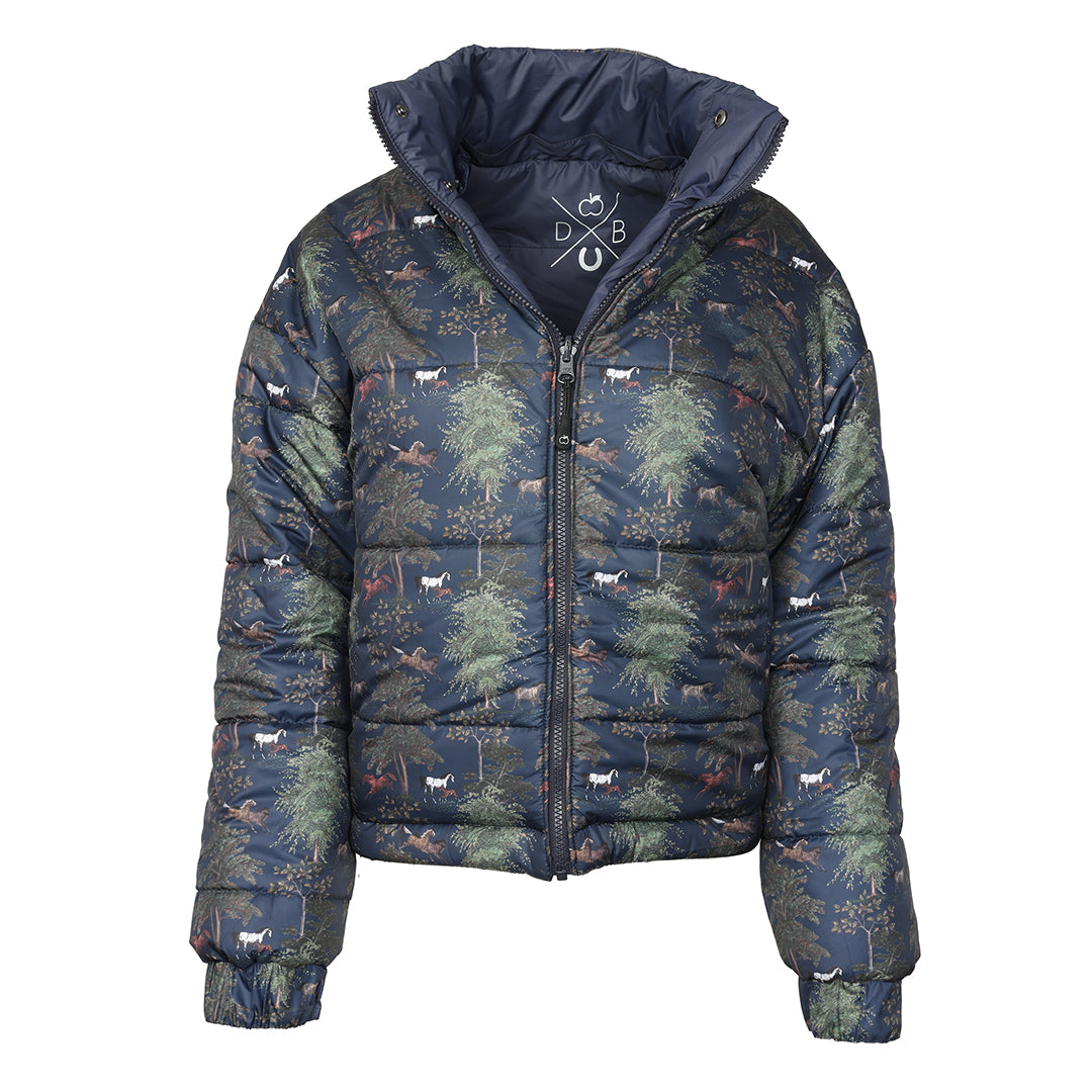 Puffer jacket with nature-themed pattern on a white background