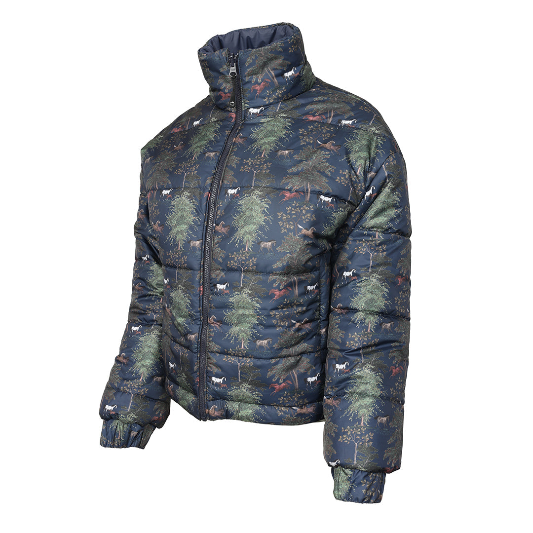 Puffer jacket with forest pattern on a white background