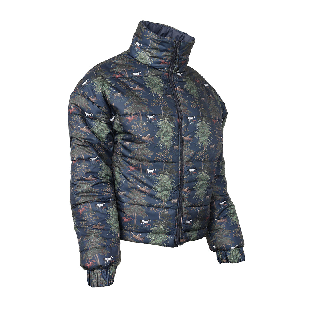 Camouflage-patterned jacket with animal designs on a white background