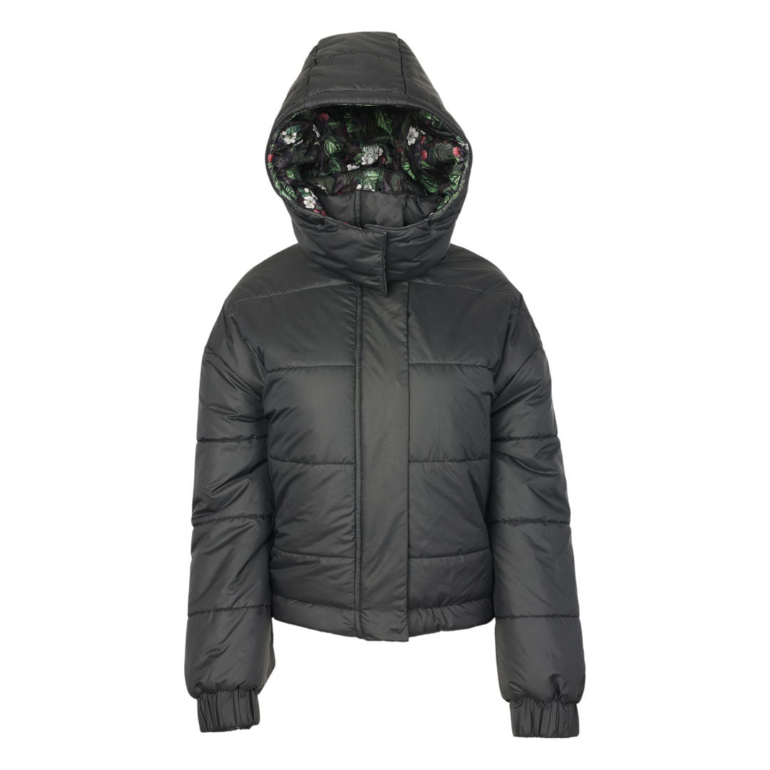 Dark gray puffer jacket with floral hood lining on a white background
