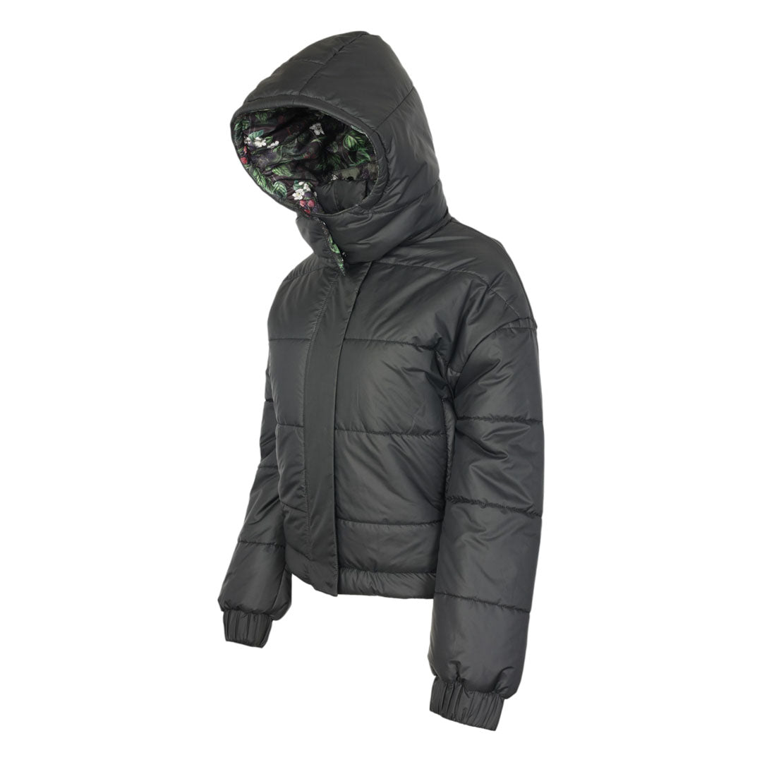 Black puffer jacket with camouflage lining on a white background