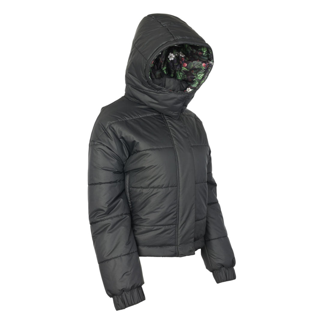 Black puffer jacket with floral lining on hood against a white background