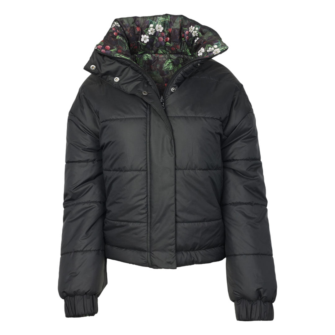 Black puffer jacket with floral hood on a white background