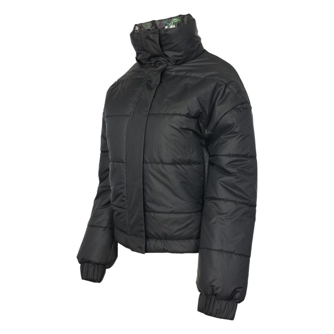 Black puffer jacket on a white background