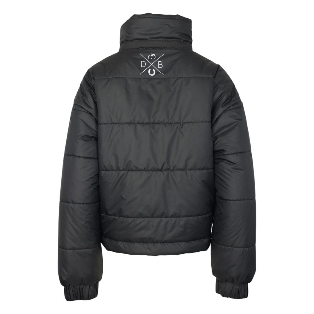 Black puffer jacket with a logo on the back against a white background