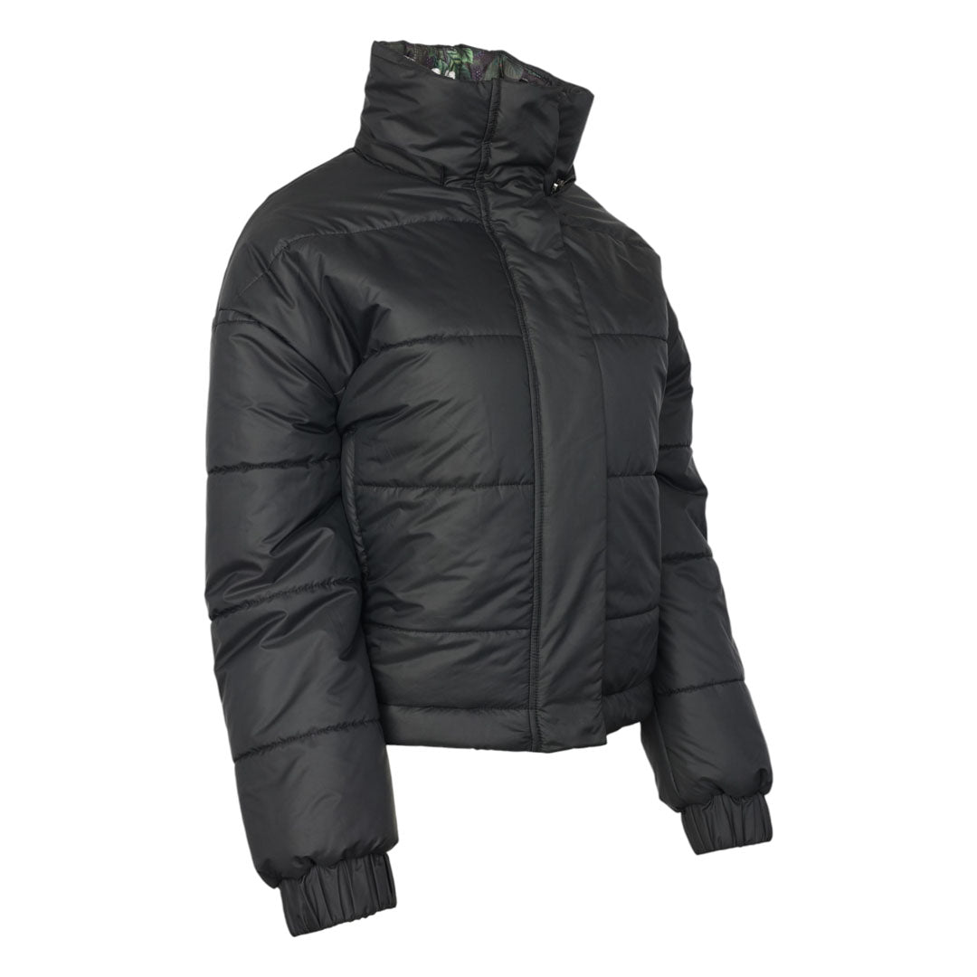 Black puffer jacket on a white background