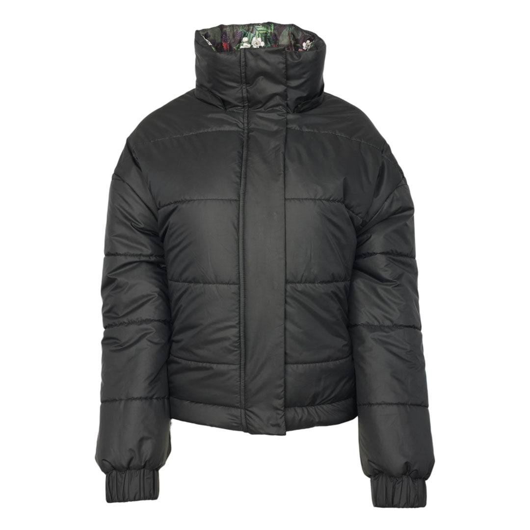 Black puffer jacket on a white background