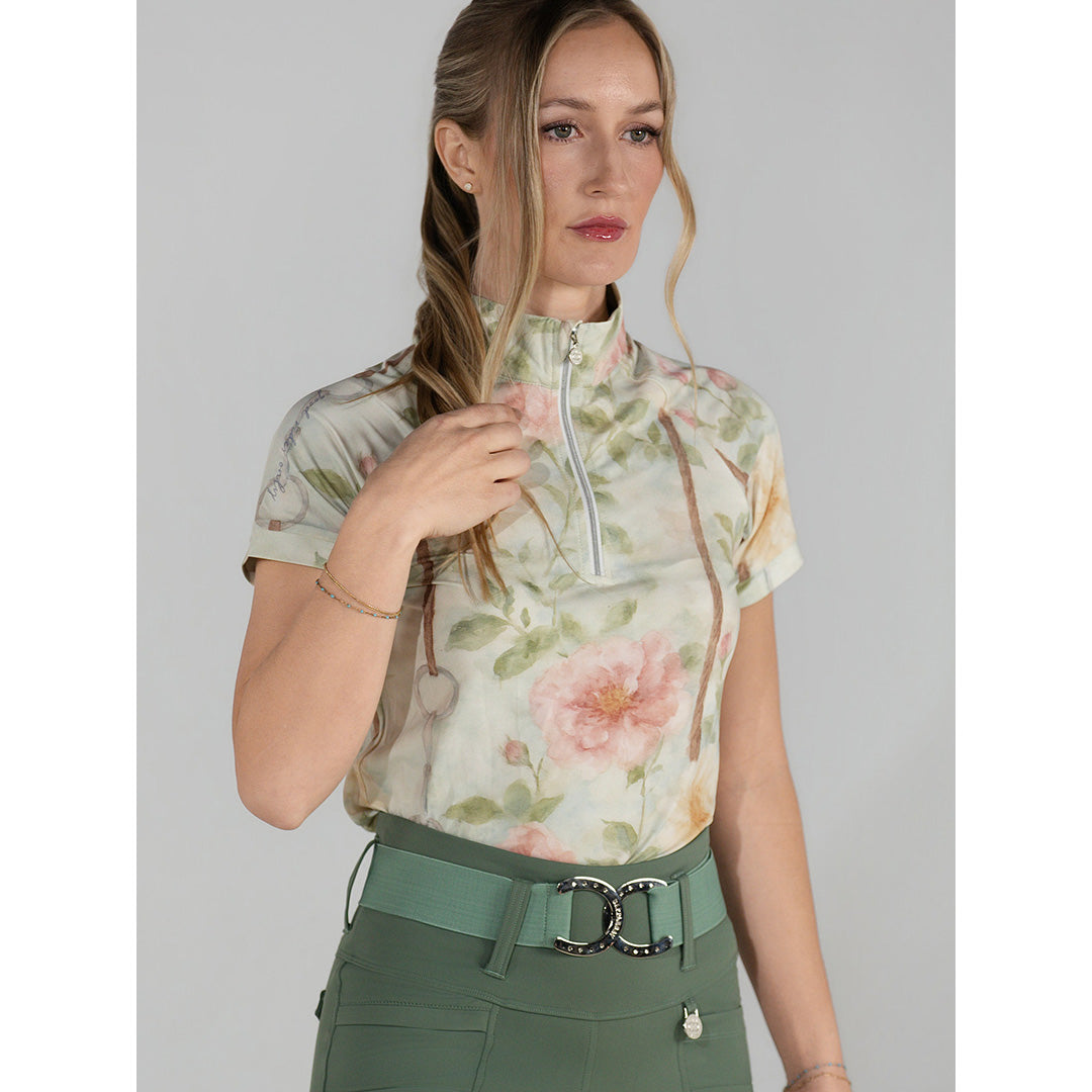short sleeve floral quarter zip riding top
