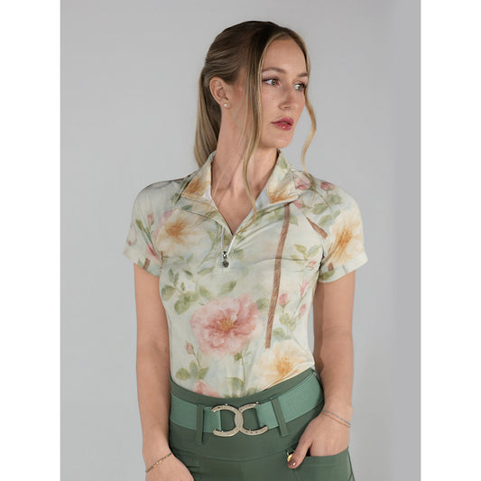 short sleeve floral quarter zip riding top