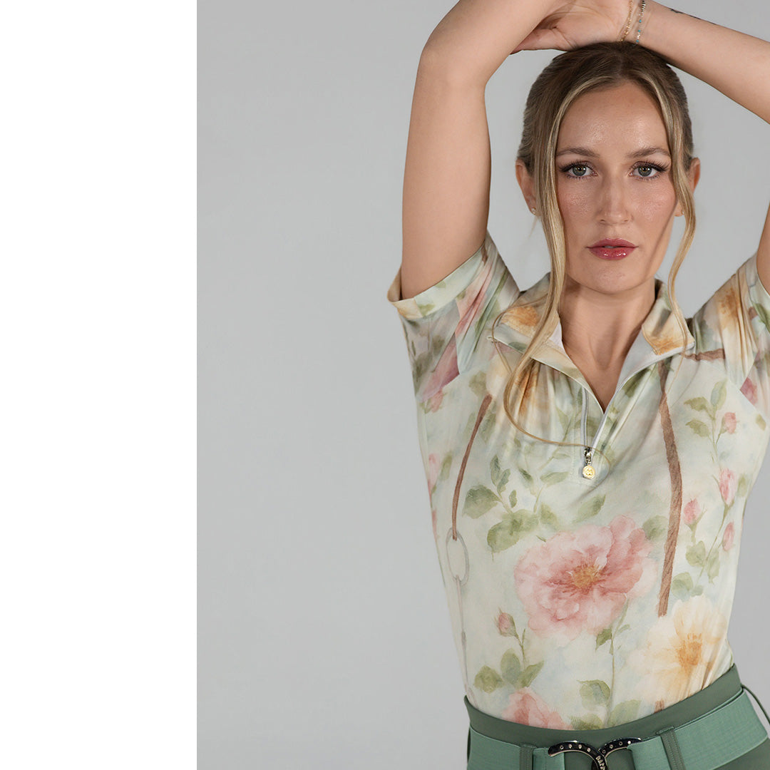 short sleeve floral quarter zip riding top
