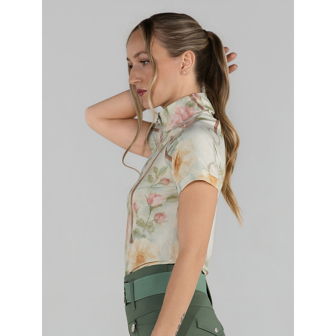 short sleeve floral quarter zip riding top