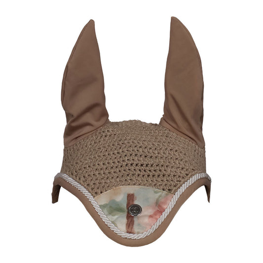 Horse ear bonnet with brown ears and woven body on a white background
