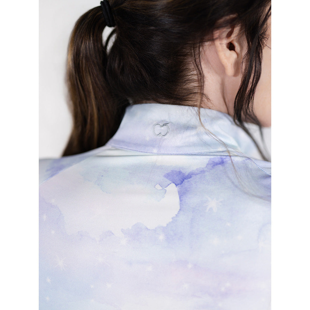 patterned blue and purple long sleeve riding top