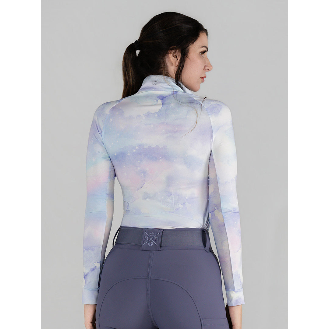 patterned blue and purple long sleeve riding top