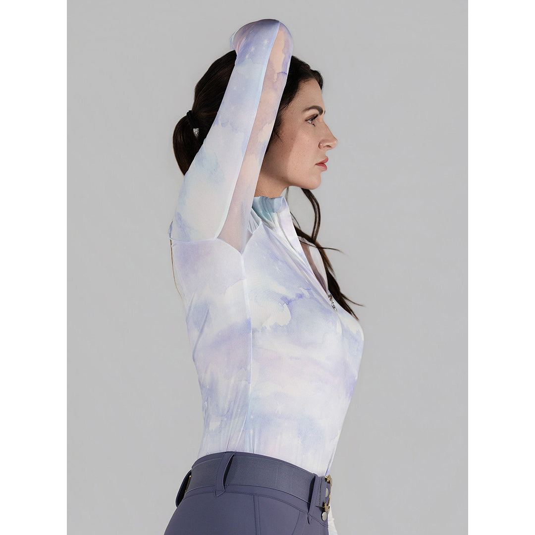 patterned blue and purple long sleeve riding top
