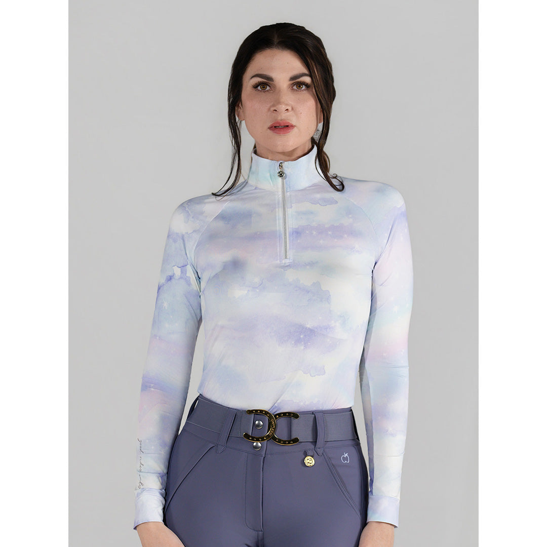 patterned blue and purple long sleeve riding top