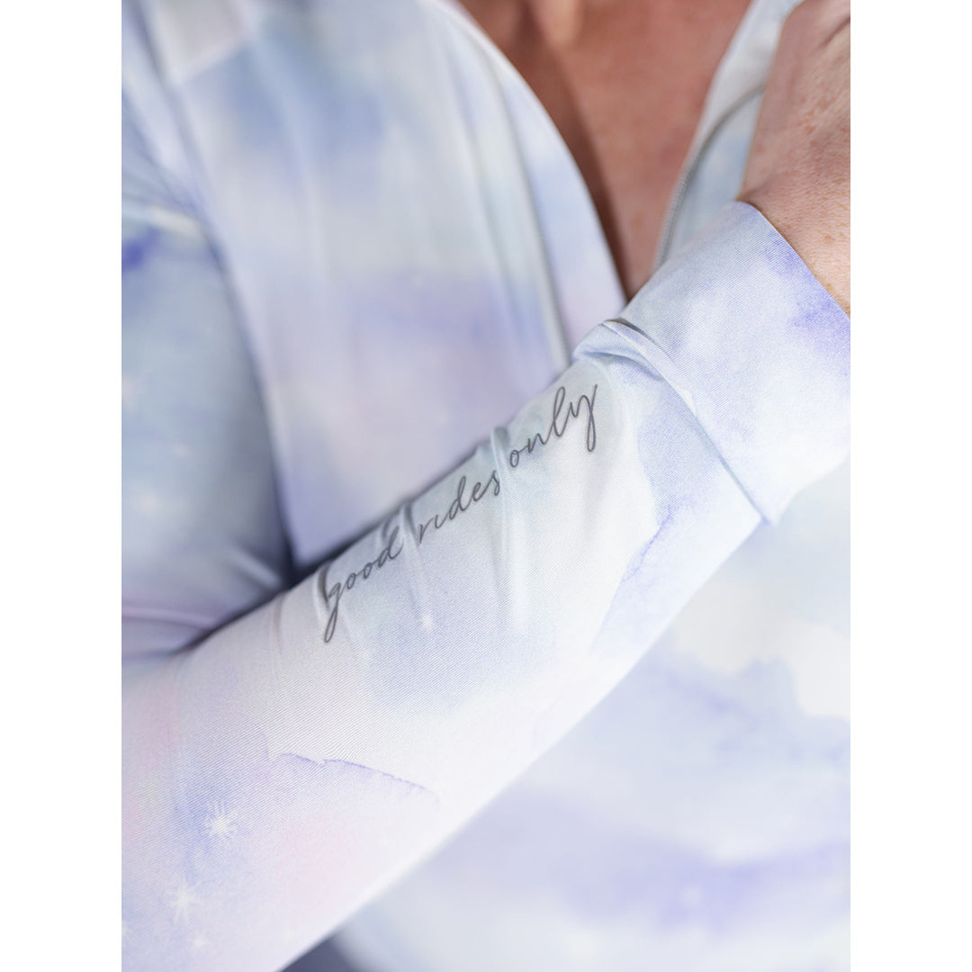 patterned blue and purple long sleeve riding top