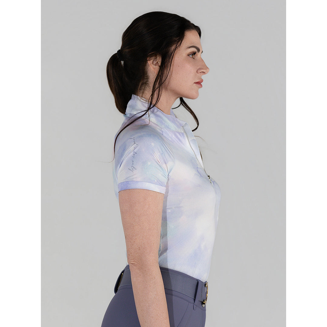 short sleeve blue and purple pattern riding shirt