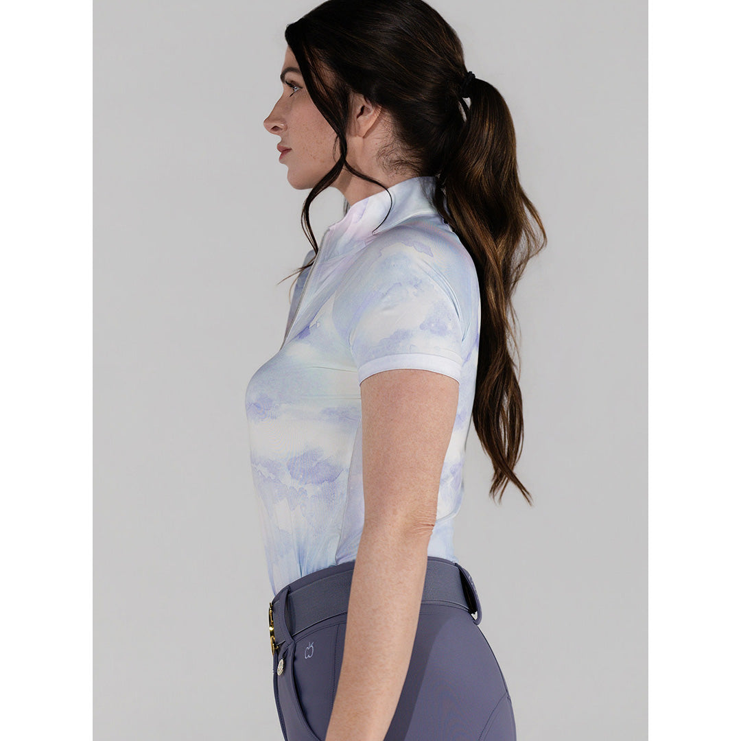 short sleeve blue and purple pattern riding shirt
