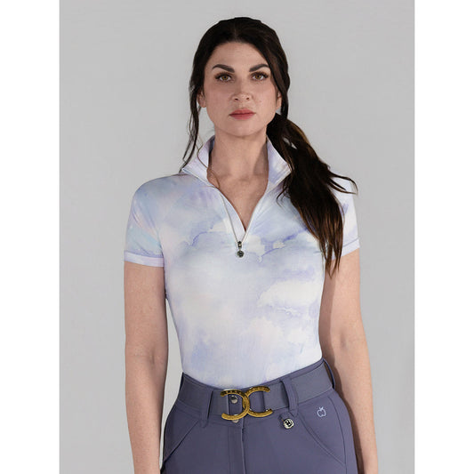 short sleeve blue and purple pattern riding shirt